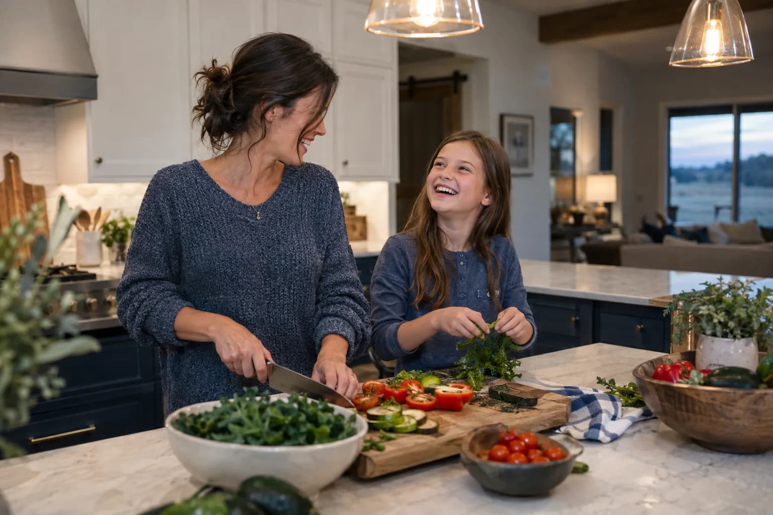 Mother and daughter cooking together in a kitchen in the evening
