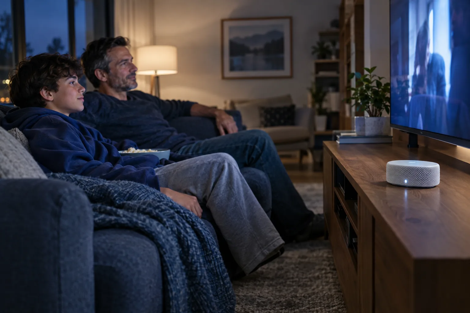 Father and son watching TV with a mesh wifi router nearby