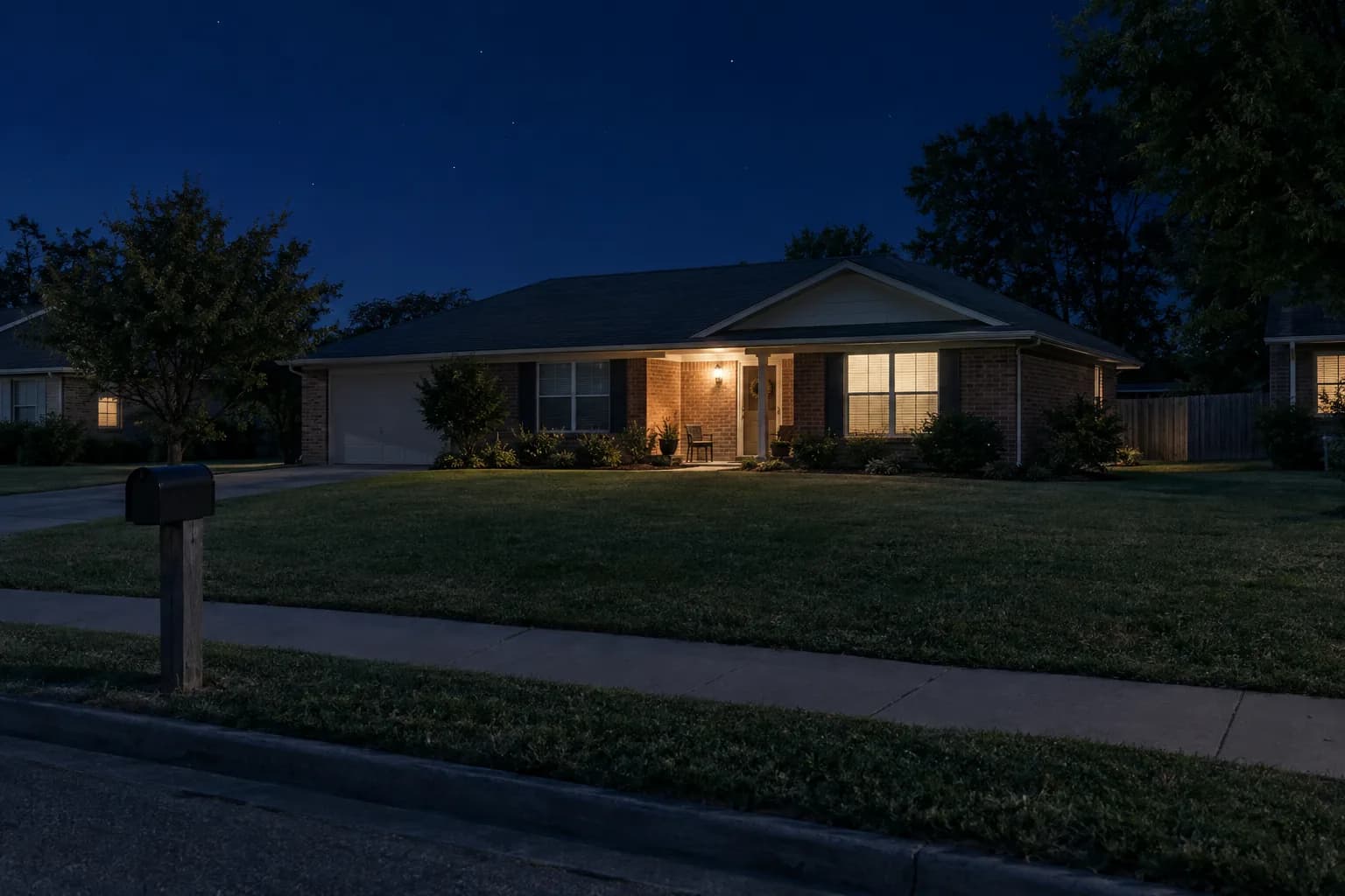 Quiet suburban street at night with a porch light on