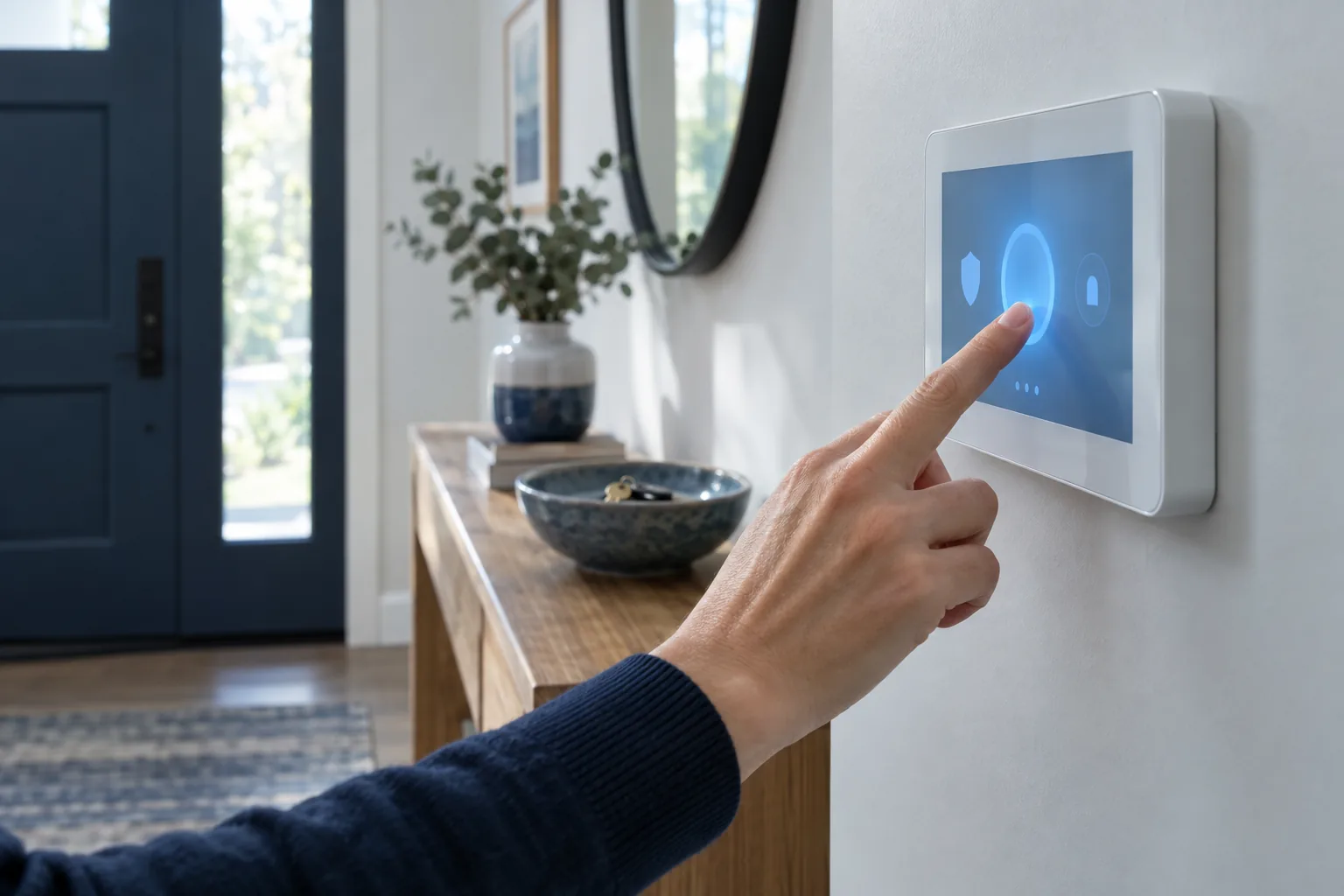 Hand tapping a wall-mounted security touchscreen by a front door