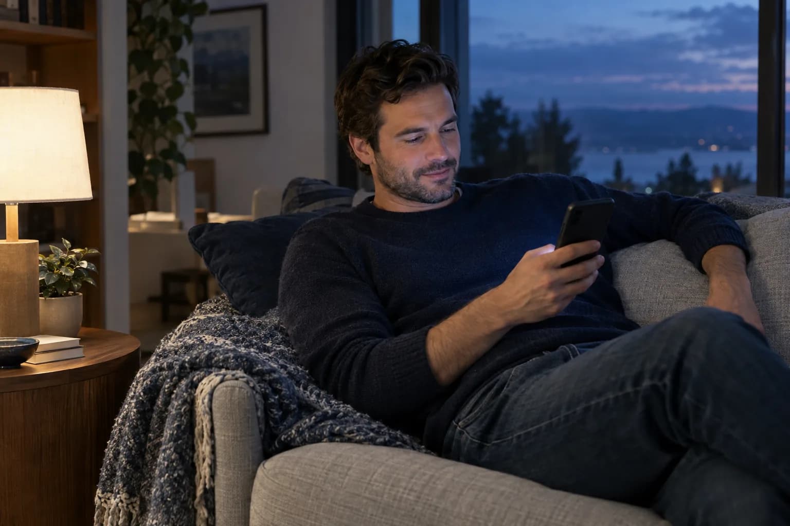 Man relaxing on a sofa checking his phone in the evening