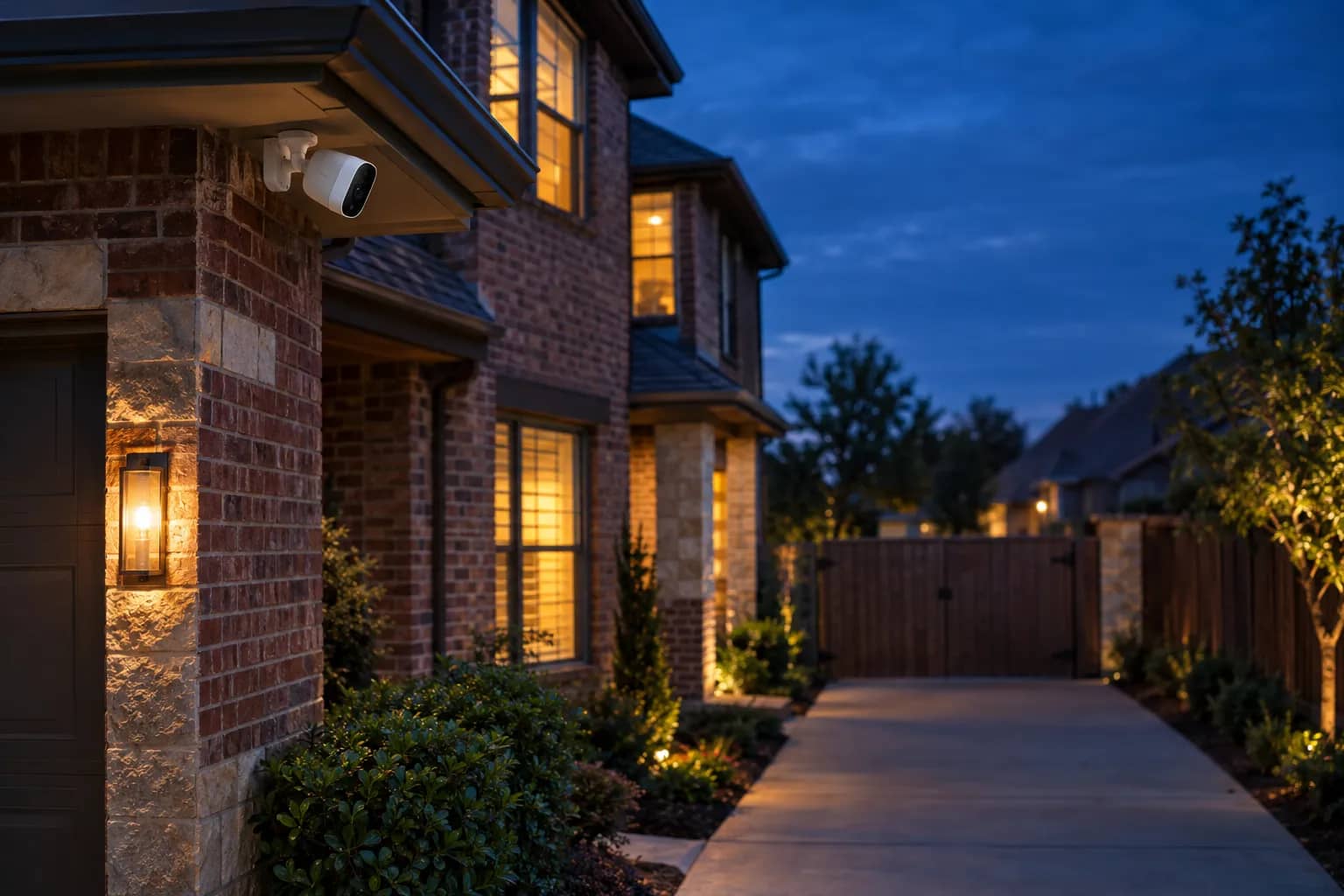 Outdoor security camera under the eave of a brick home at dusk, overlooking the driveway and side gate