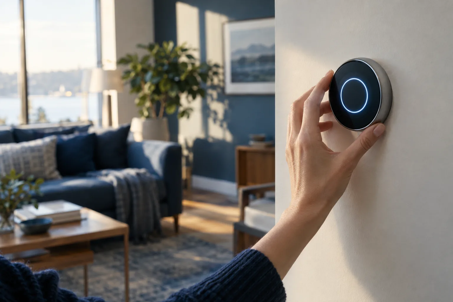 Hand adjusting a smart thermostat