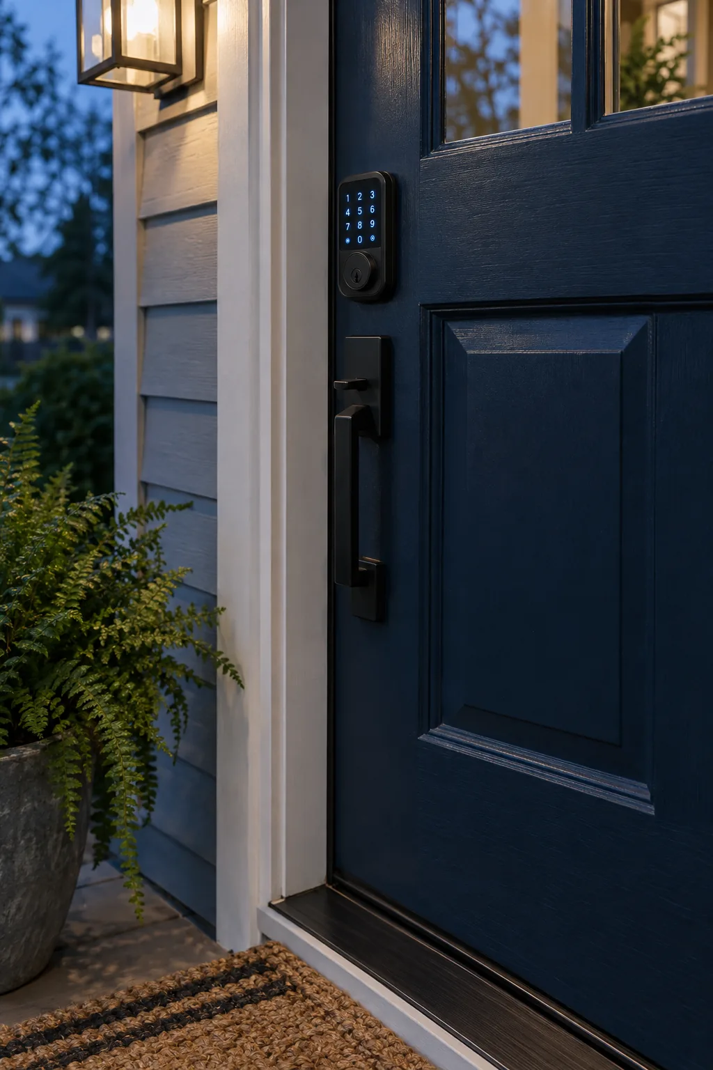 Navy front door with a smart keypad deadbolt