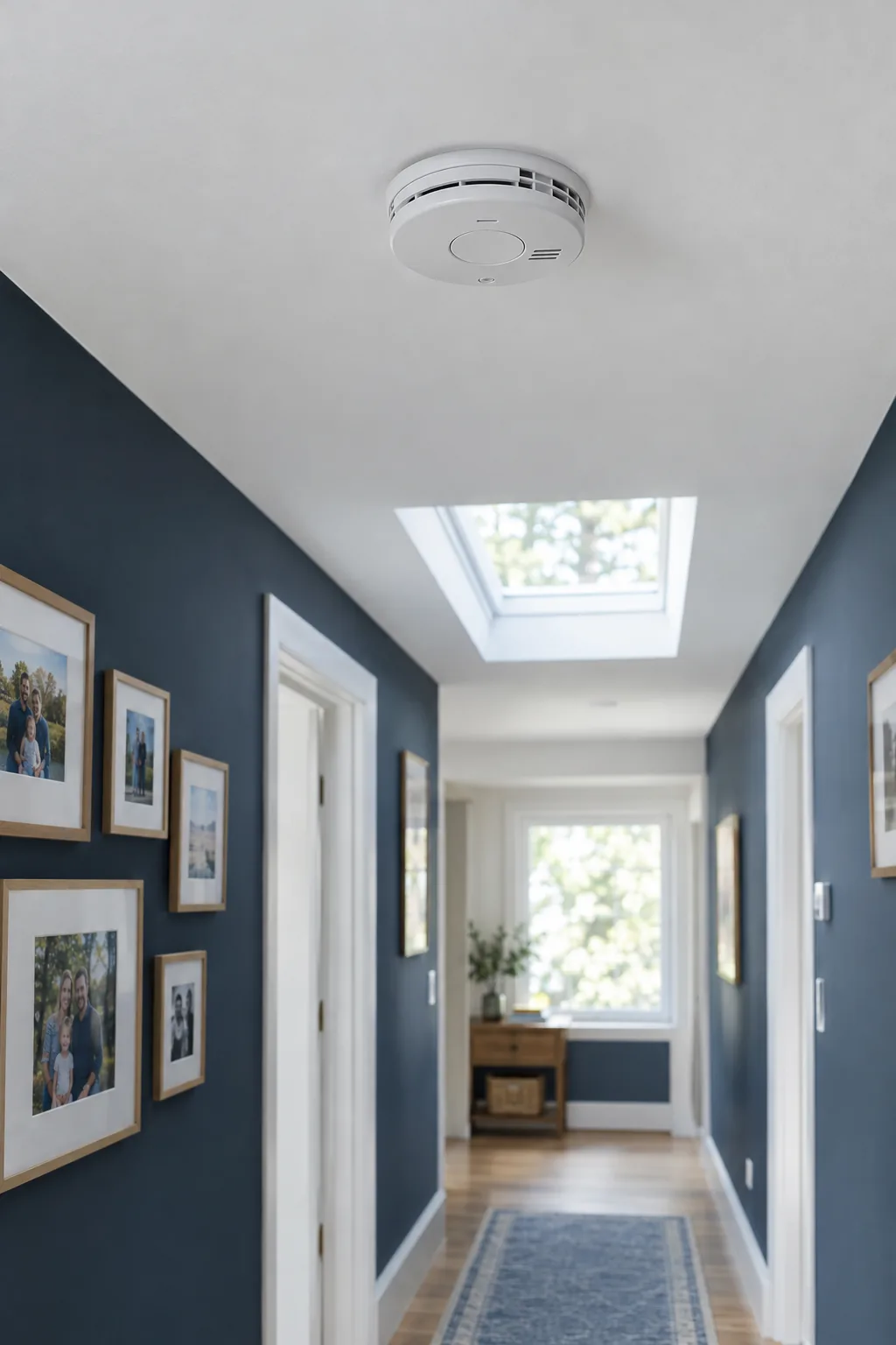 Smoke and carbon monoxide detector on a hallway ceiling